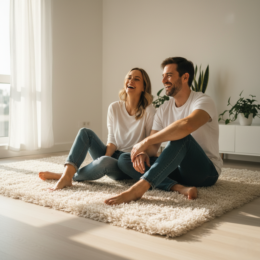 Útulný obývací pokoj s novým kobercem